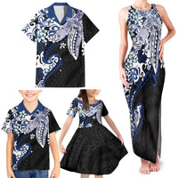 Monstera Plumeria Flowers Blue Family Matching Tank Maxi Dress and Hawaiian Shirt Polynesian Pattern