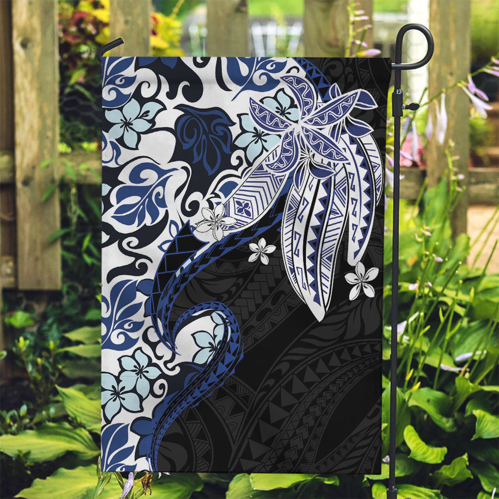 Monstera Plumeria Flowers Blue Garden Flag Polynesian Pattern