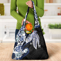 Monstera Plumeria Flowers Blue Grocery Bag Polynesian Pattern