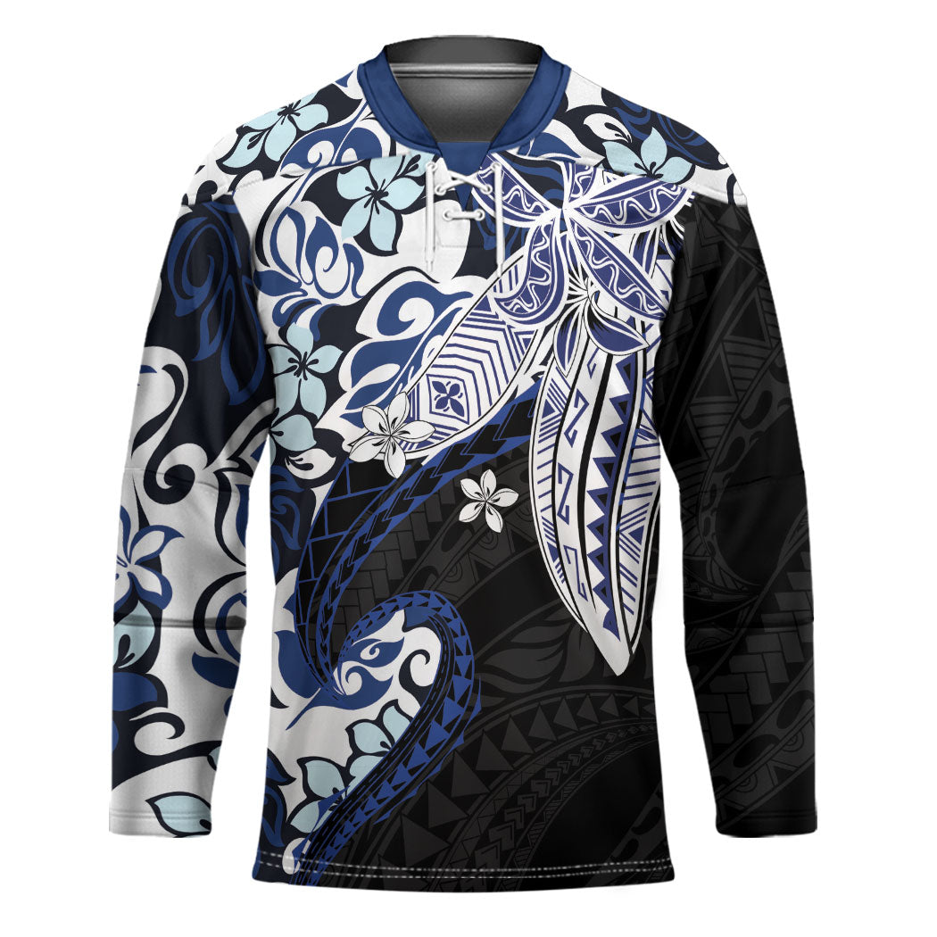 Monstera Plumeria Flowers Blue Hockey Jersey Polynesian Pattern