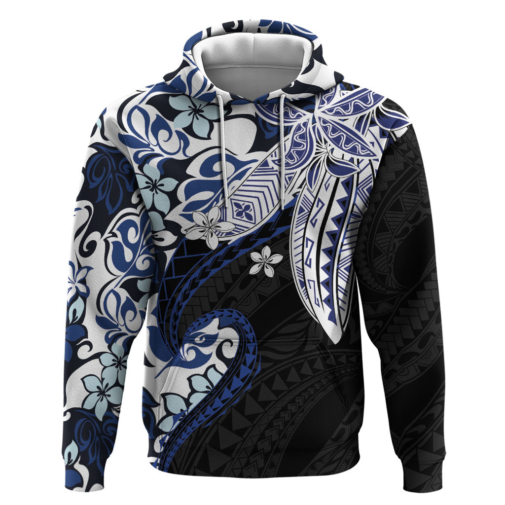 Monstera Plumeria Flowers Blue Hoodie Polynesian Pattern