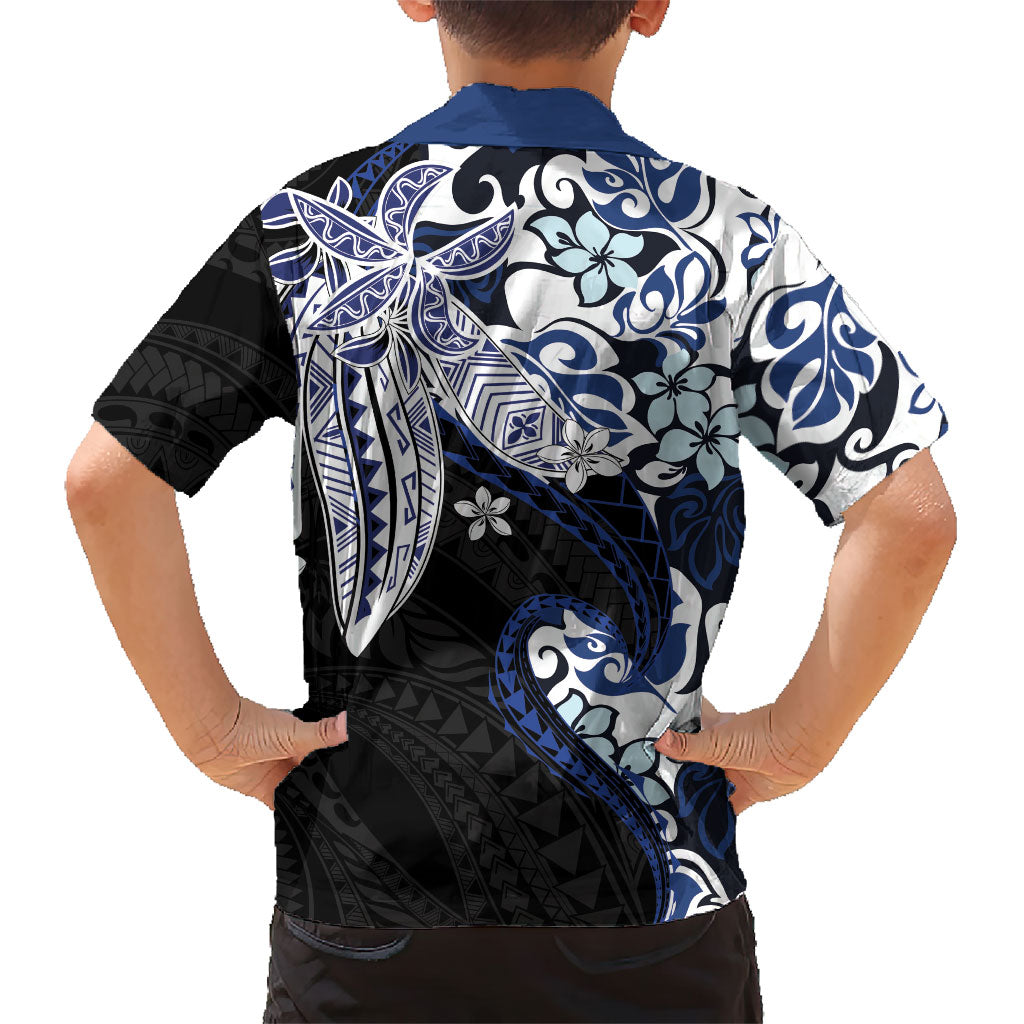 Monstera Plumeria Flowers Blue Kid Hawaiian Shirt Polynesian Pattern