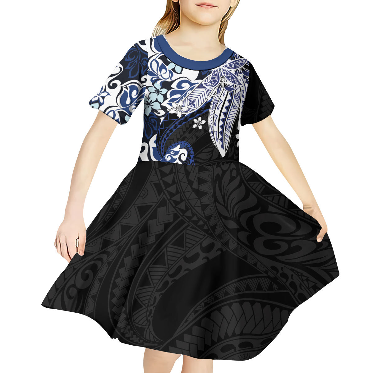 Monstera Plumeria Flowers Blue Kid Short Sleeve Dress Polynesian Pattern