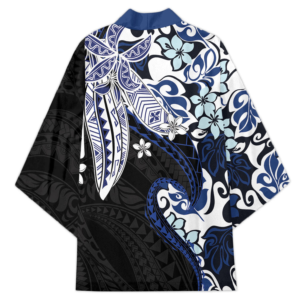 Monstera Plumeria Flowers Blue Kimono Polynesian Pattern