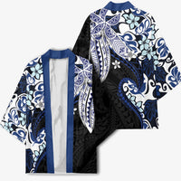 Monstera Plumeria Flowers Blue Kimono Polynesian Pattern