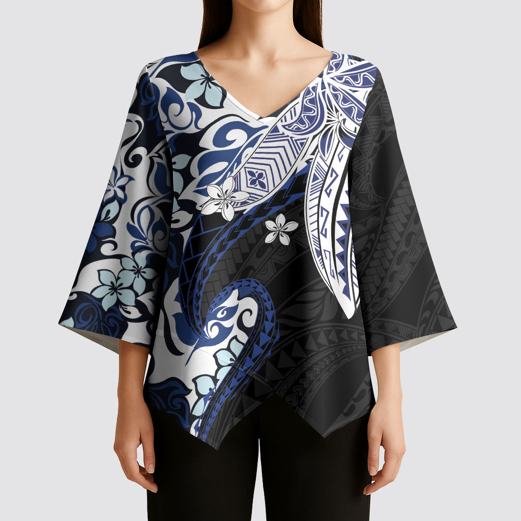 Monstera Plumeria Flowers Blue Kimono Sleeve Blouse Polynesian Pattern