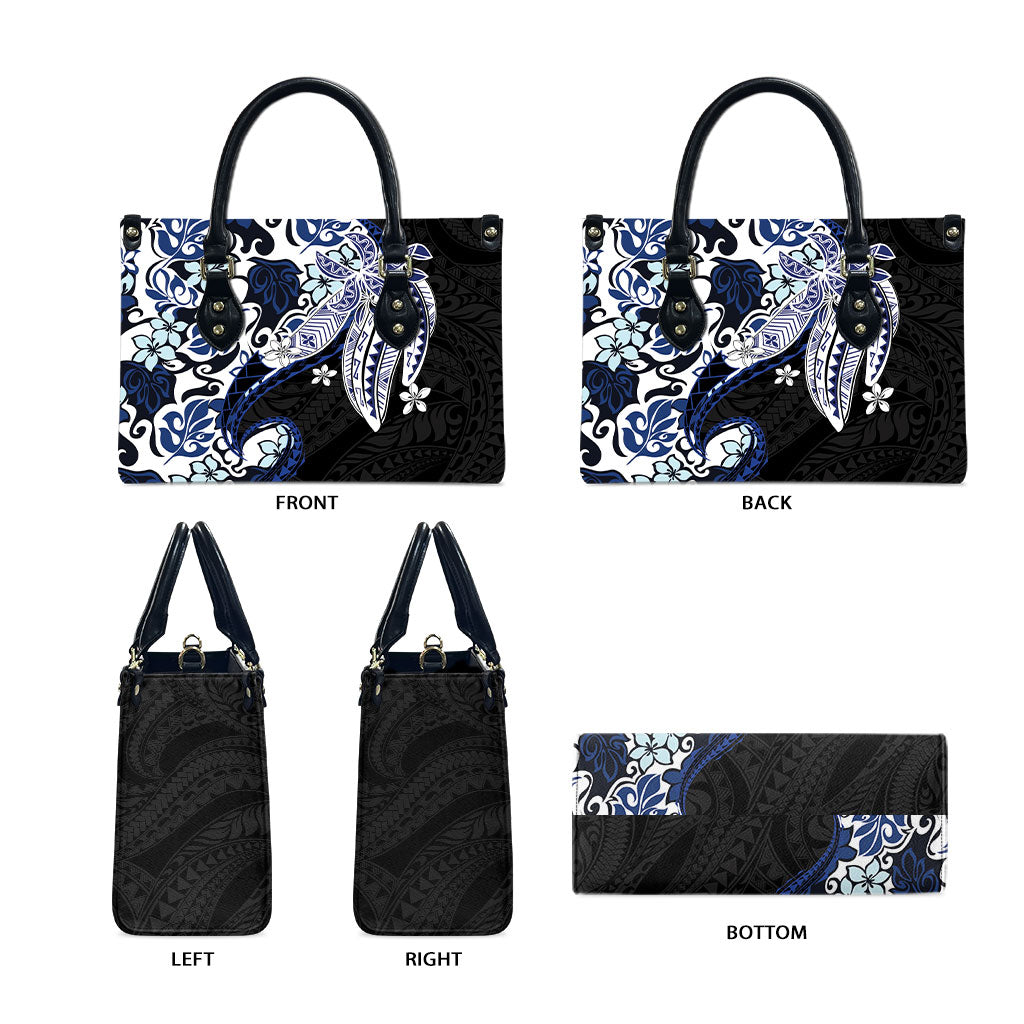 Monstera Plumeria Flowers Blue Leather Bag Polynesian Pattern