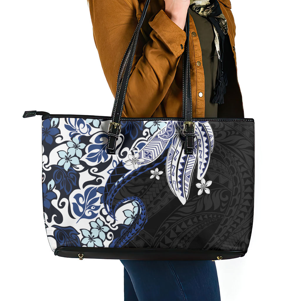 Monstera Plumeria Flowers Blue Leather Tote Bag Polynesian Pattern