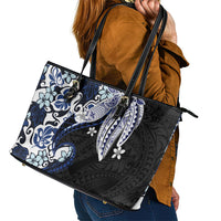 Monstera Plumeria Flowers Blue Leather Tote Bag Polynesian Pattern