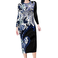 Monstera Plumeria Flowers Blue Long Sleeve Bodycon Dress Polynesian Pattern