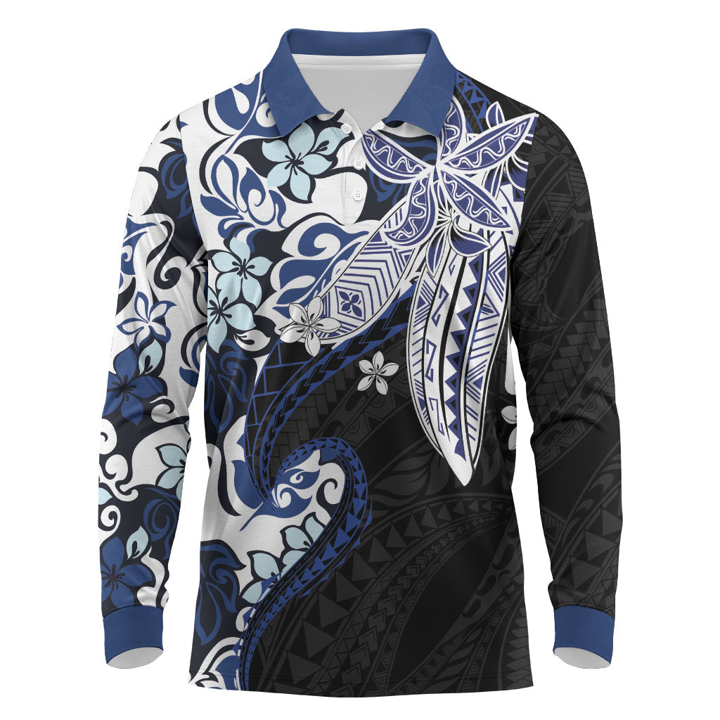 Monstera Plumeria Flowers Blue Long Sleeve Polo Shirt Polynesian Pattern