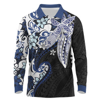 Monstera Plumeria Flowers Blue Long Sleeve Polo Shirt Polynesian Pattern