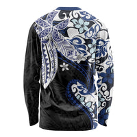 Monstera Plumeria Flowers Blue Long Sleeve Shirt Polynesian Pattern