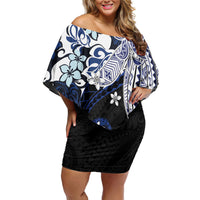 Monstera Plumeria Flowers Blue Off Shoulder Short Dress Polynesian Pattern