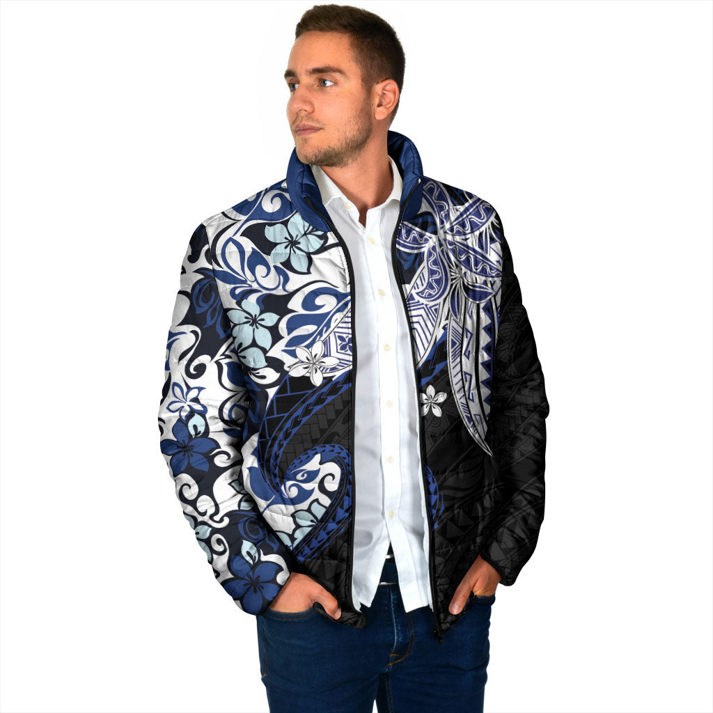 Monstera Plumeria Flowers Blue Padded Jacket Polynesian Pattern