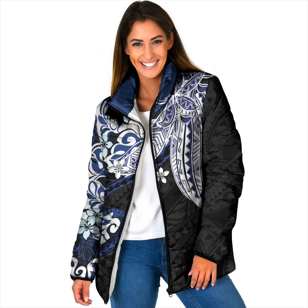 Monstera Plumeria Flowers Blue Padded Jacket Polynesian Pattern
