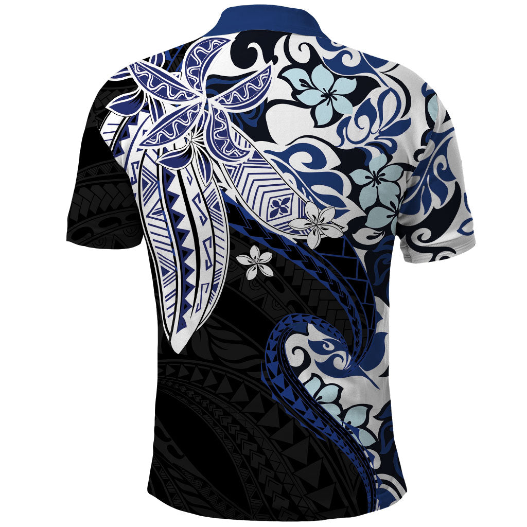 Monstera Plumeria Flowers Blue Polo Shirt Polynesian Pattern