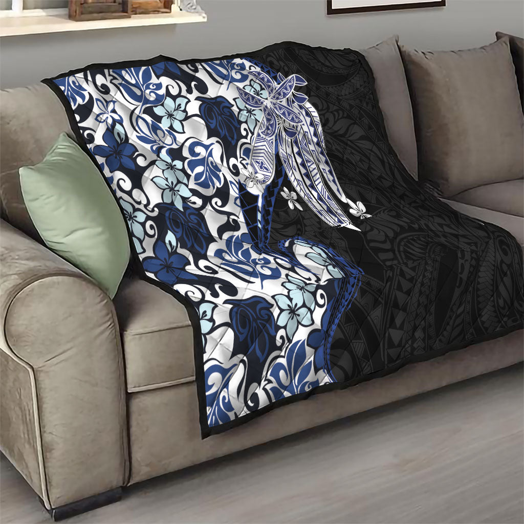 Monstera Plumeria Flowers Blue Quilt Polynesian Pattern