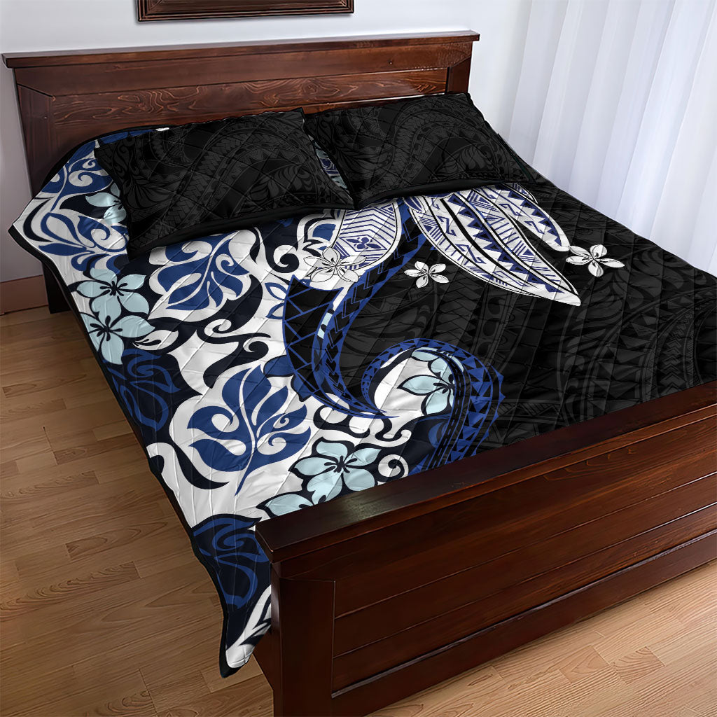 Monstera Plumeria Flowers Blue Quilt Bed Set Polynesian Pattern