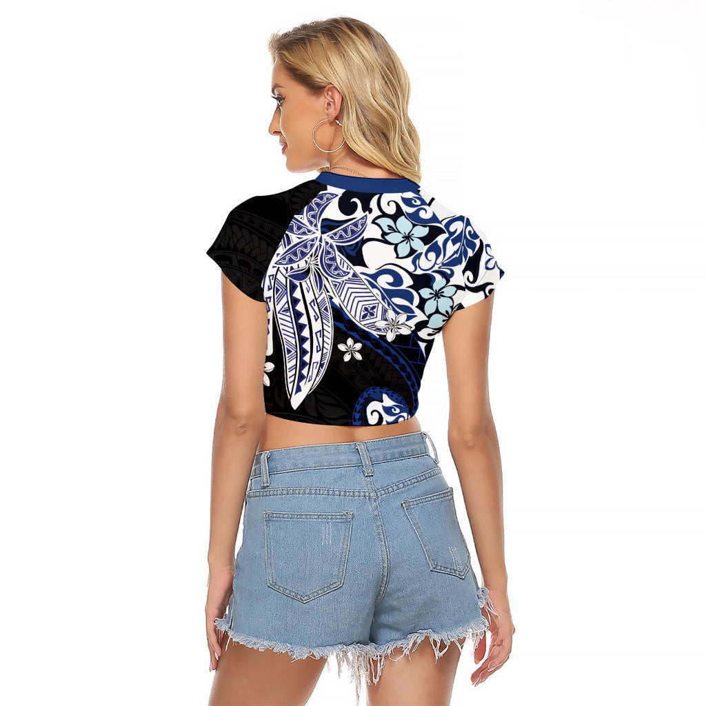 Monstera Plumeria Flowers Blue Raglan Cropped T Shirt Polynesian Pattern