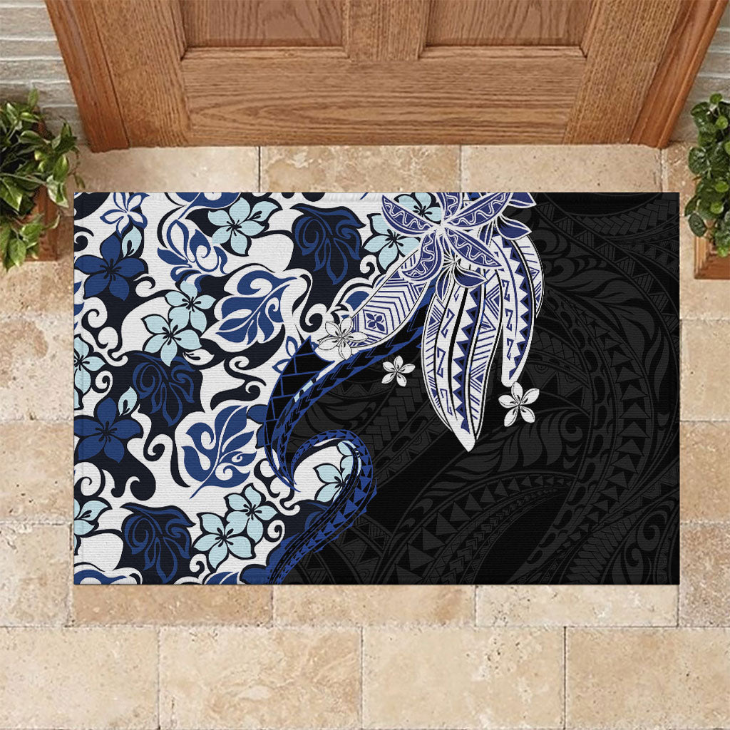 Monstera Plumeria Flowers Blue Rubber Doormat Polynesian Pattern