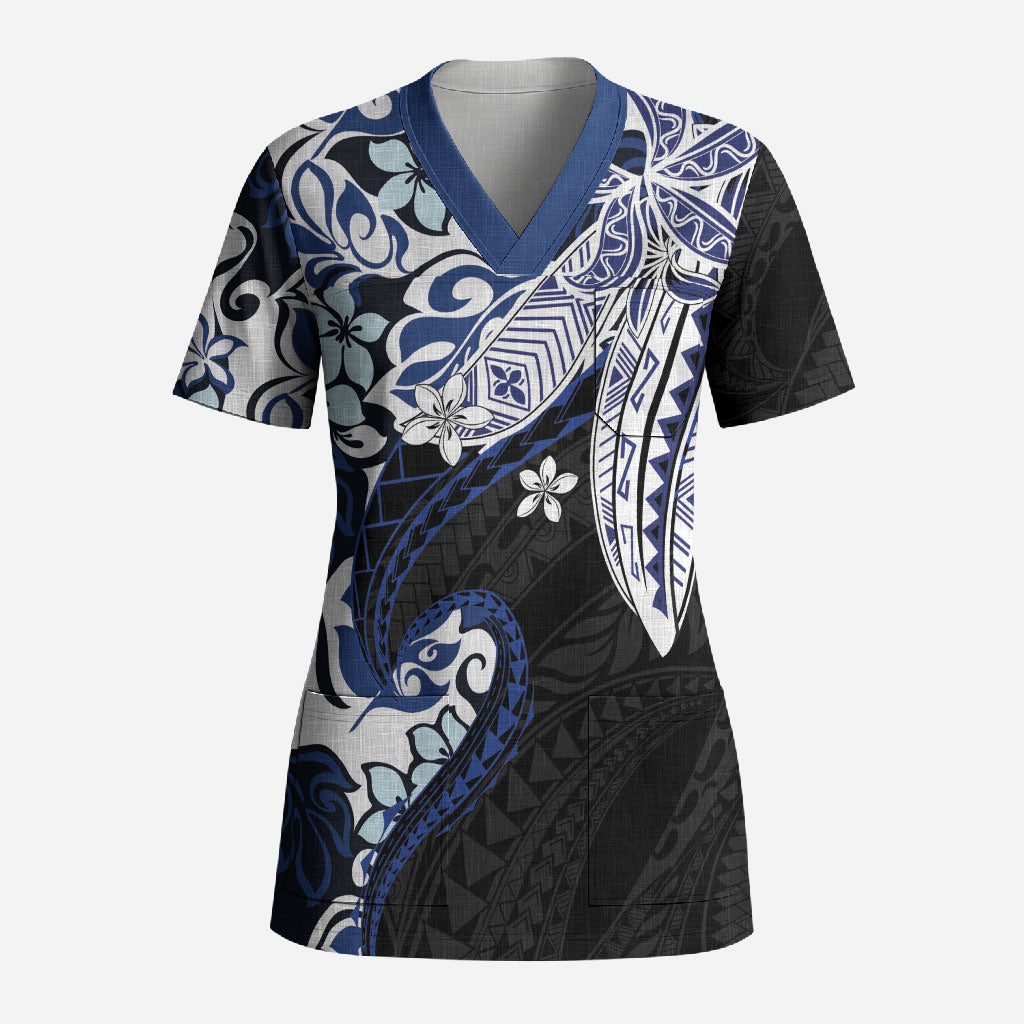Monstera Plumeria Flowers Blue Scrub Top Polynesian Pattern