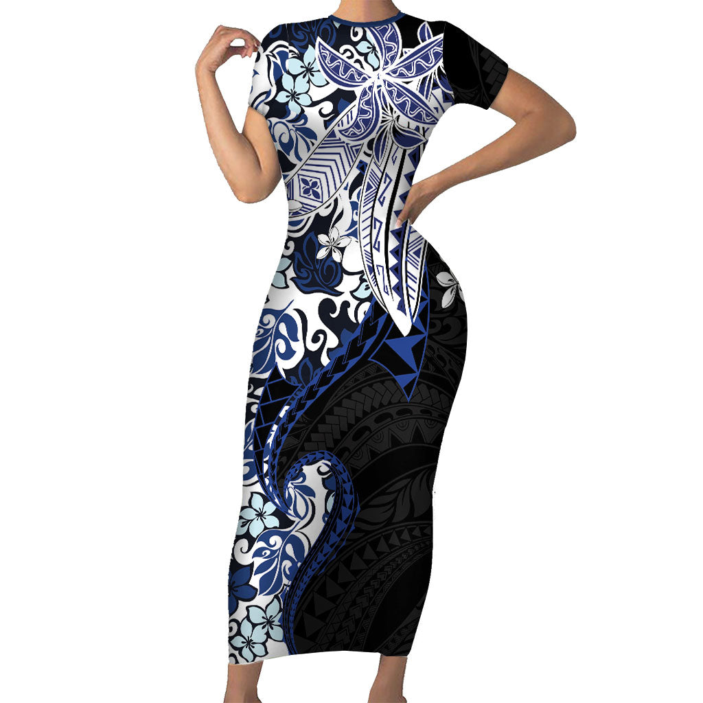 Monstera Plumeria Flowers Blue Short Sleeve Bodycon Dress Polynesian Pattern