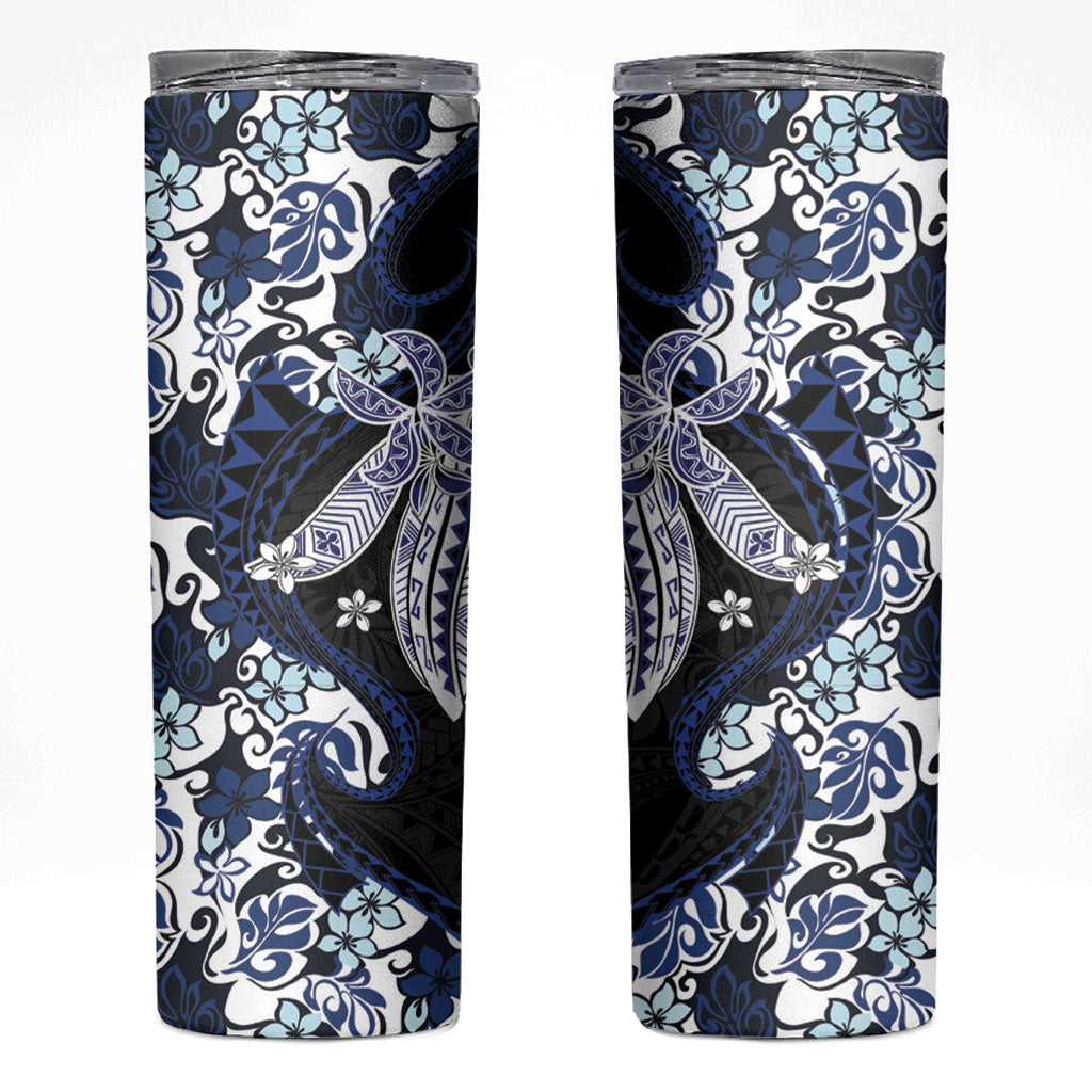 Monstera Plumeria Flowers Blue Skinny Tumbler Polynesian Pattern