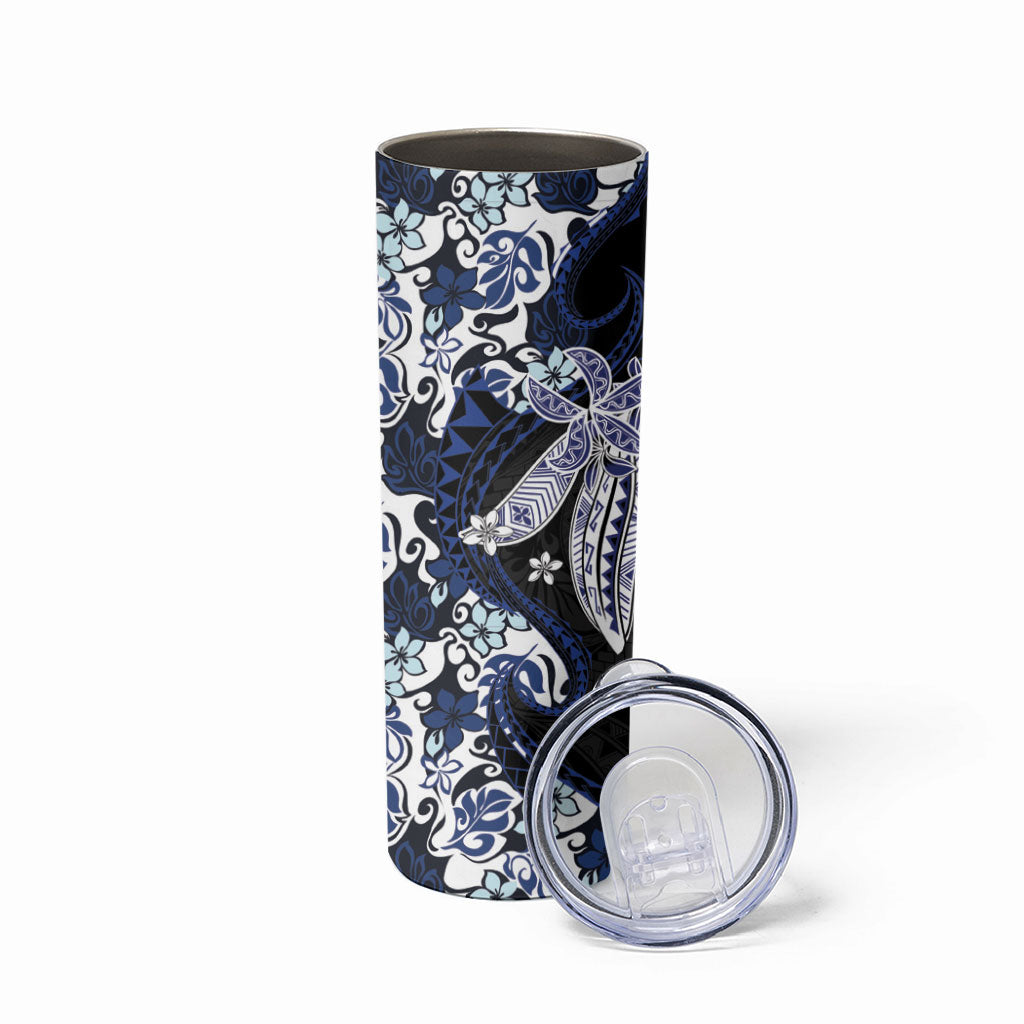 Monstera Plumeria Flowers Blue Skinny Tumbler Polynesian Pattern