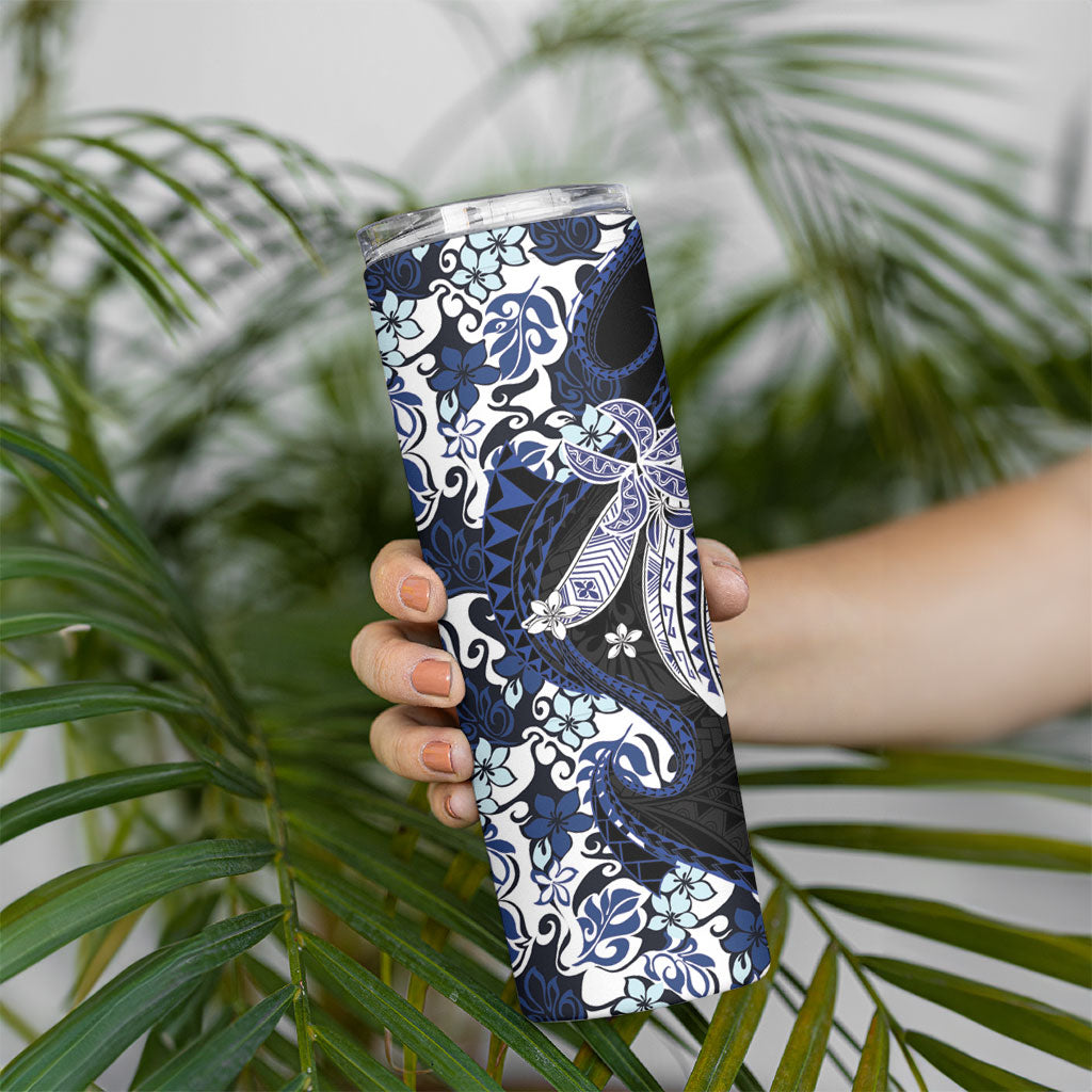 Monstera Plumeria Flowers Blue Skinny Tumbler Polynesian Pattern