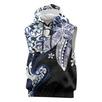Monstera Plumeria Flowers Blue Sleeveless Hoodie Polynesian Pattern