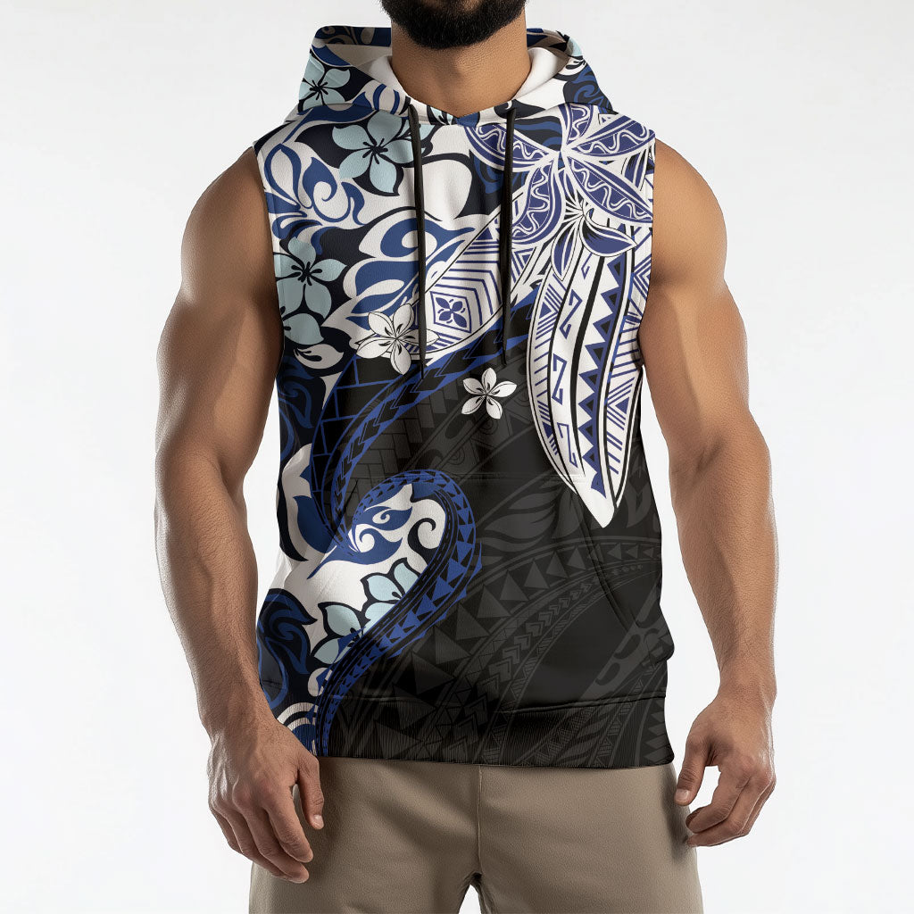 Monstera Plumeria Flowers Blue Sleeveless Hoodie Polynesian Pattern