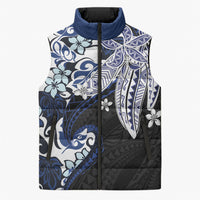 Monstera Plumeria Flowers Blue Sleeveless Puffer Jacket Polynesian Pattern