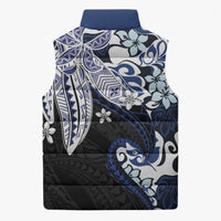 Monstera Plumeria Flowers Blue Sleeveless Puffer Jacket Polynesian Pattern