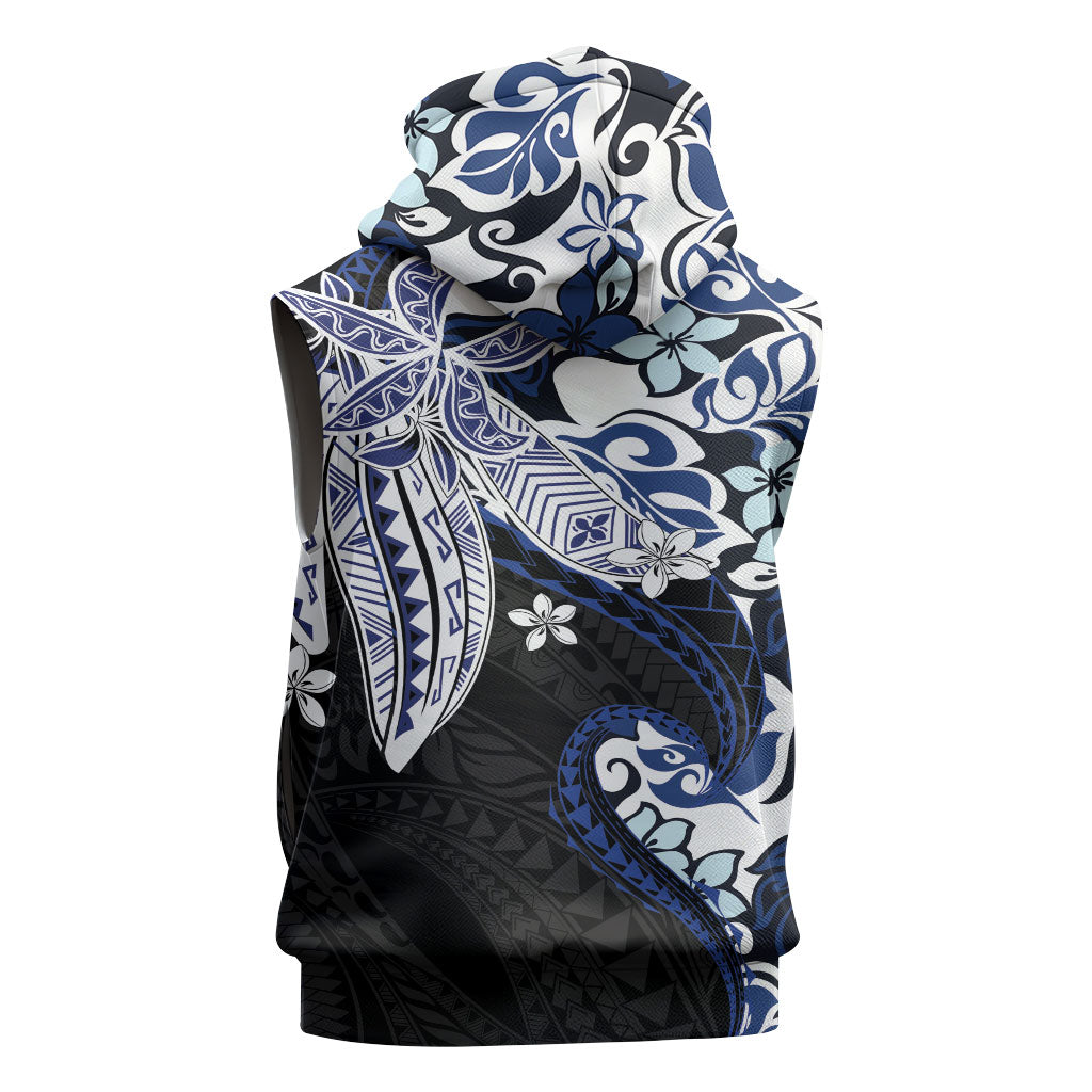 Monstera Plumeria Flowers Blue Sleeveless Zip Hoodie Polynesian Pattern