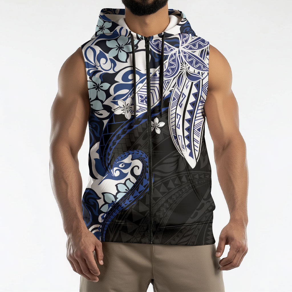 Monstera Plumeria Flowers Blue Sleeveless Zip Hoodie Polynesian Pattern