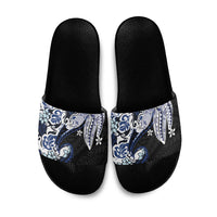 Monstera Plumeria Flowers Blue Slide Sandals Polynesian Pattern