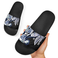 Monstera Plumeria Flowers Blue Slide Sandals Polynesian Pattern