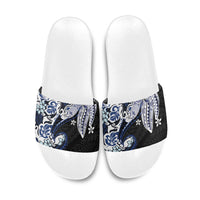 Monstera Plumeria Flowers Blue Slide Sandals Polynesian Pattern