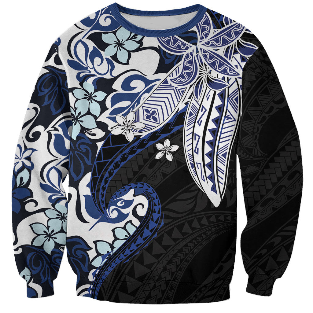 Monstera Plumeria Flowers Blue Sweatshirt Polynesian Pattern