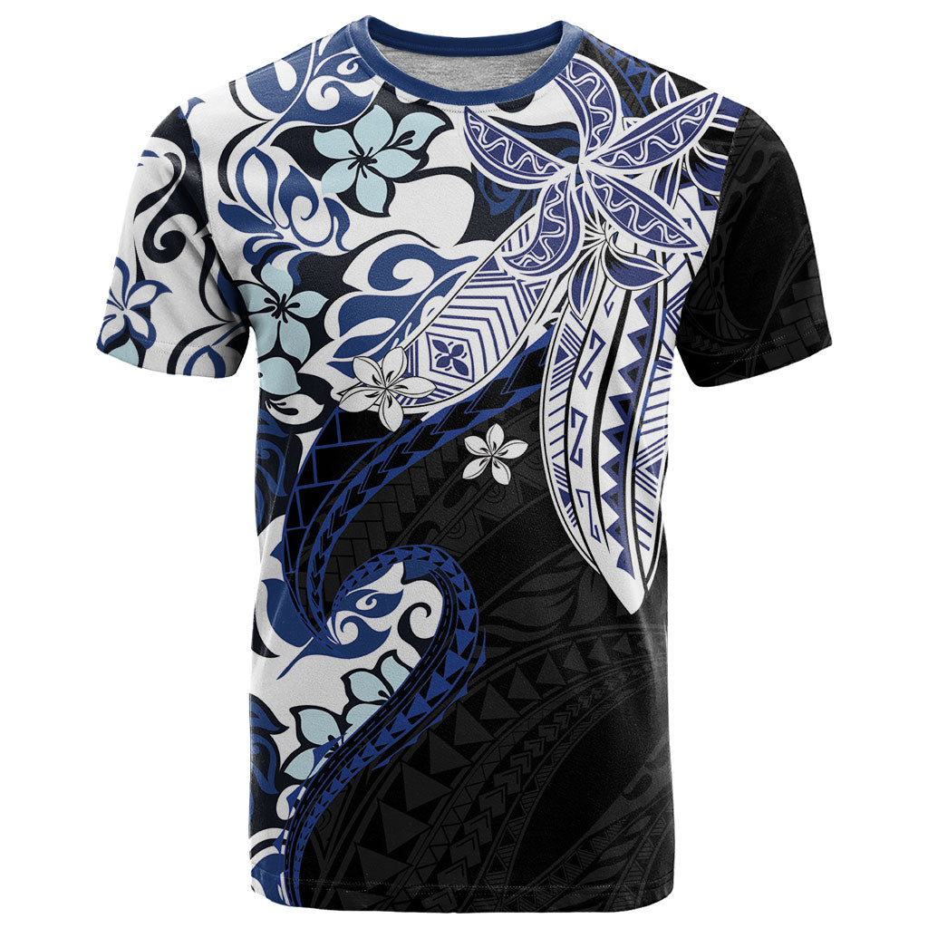 Monstera Plumeria Flowers Blue T Shirt Polynesian Pattern