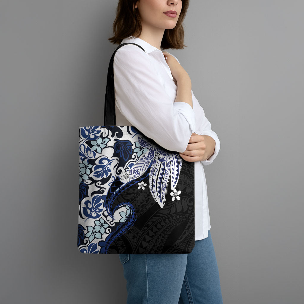 Monstera Plumeria Flowers Blue Tote Bag Polynesian Pattern