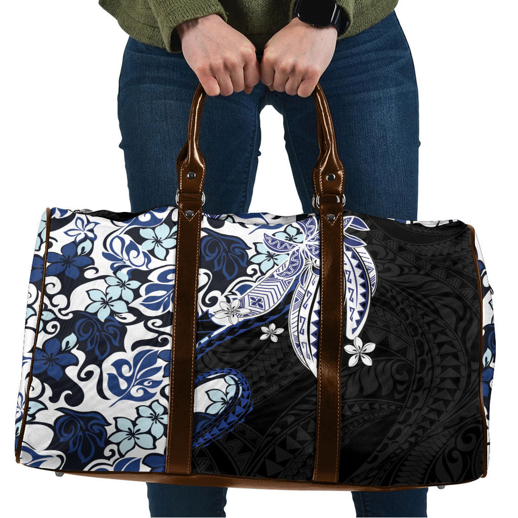 Monstera Plumeria Flowers Blue Travel Bag Polynesian Pattern