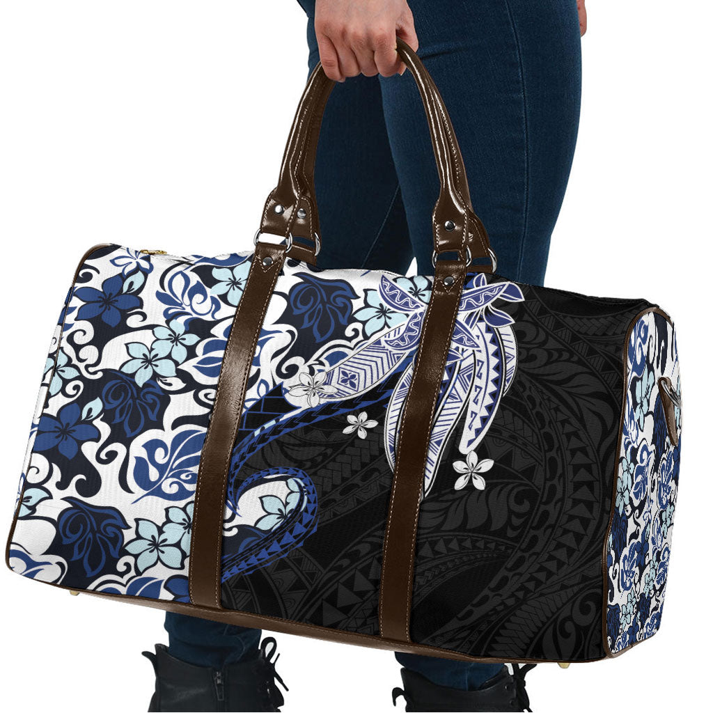 Monstera Plumeria Flowers Blue Travel Bag Polynesian Pattern