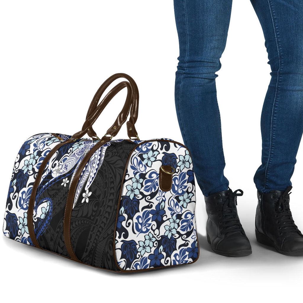 Monstera Plumeria Flowers Blue Travel Bag Polynesian Pattern