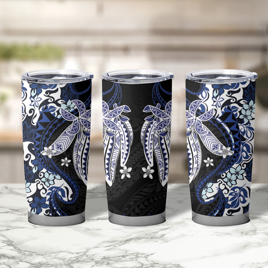 Monstera Plumeria Flowers Blue Tumbler Cup Polynesian Pattern