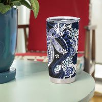 Monstera Plumeria Flowers Blue Tumbler Cup Polynesian Pattern