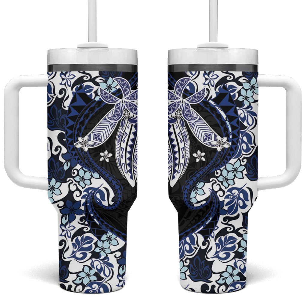 Monstera Plumeria Flowers Blue Tumbler With Handle Polynesian Pattern