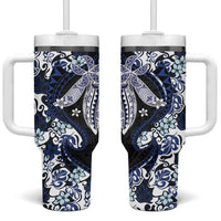 Monstera Plumeria Flowers Blue Tumbler With Handle Polynesian Pattern