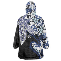 Monstera Plumeria Flowers Blue Wearable Blanket Hoodie Polynesian Pattern